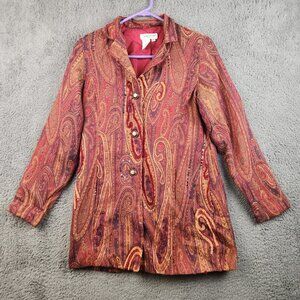 Womens Boho Paisley Tapestry Button Up Jacket Size Petite Small Southwestern Red